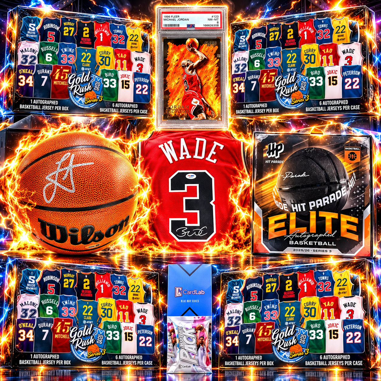 Merch break - MJ 1996 Fleer PSA 8, Wade Bulls signed jersey, Jokic signed ball, Gold Rush (7226)