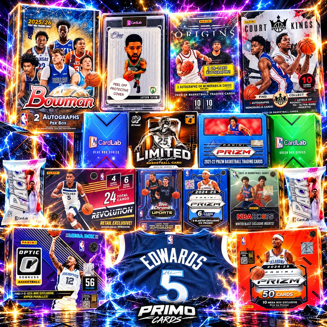 The Flamethrowers (7236) - Tatum One and One case hit, Anthony Edwards signed jersey, Bowman, Origins, Court Kings