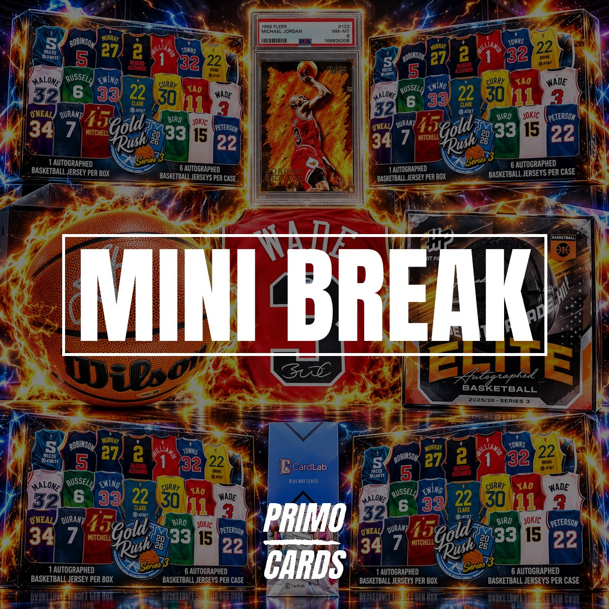 50/50 Mini break - MJ PSA 8, Wade jersey, Jokic ball, Gold Rush (7226)