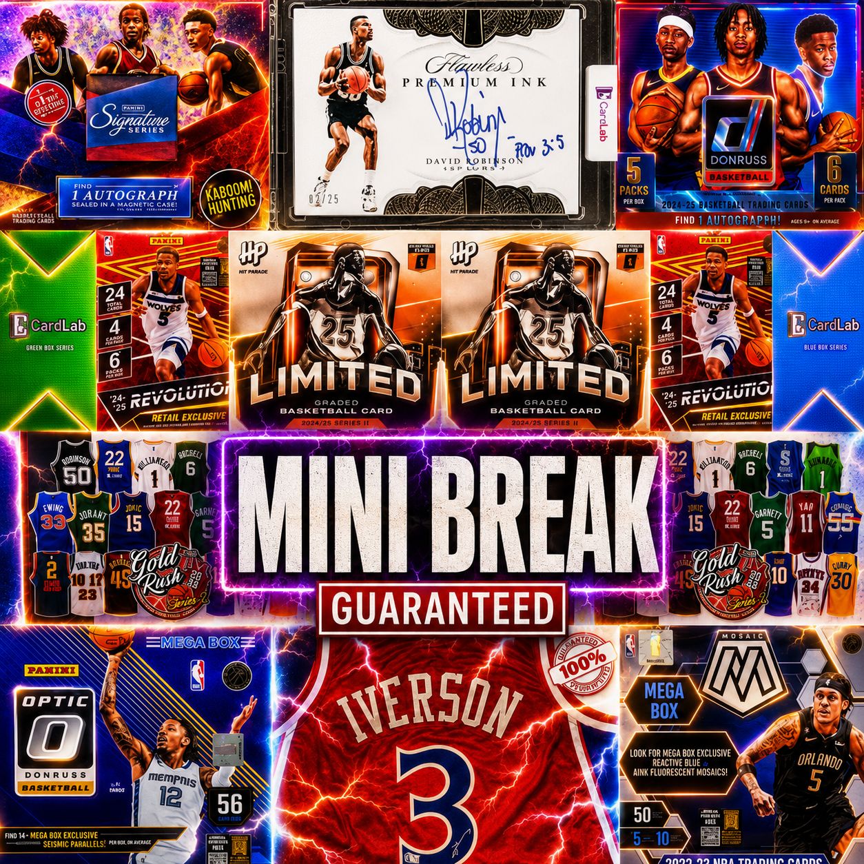 MESH UP MINI!! - THE SATURDAY HOBBY BOX, MERCH, REPACK KABOOM DOWNTOWN MESH UP!! BREAKING TODAY!! GUARANTEED FLAWLESS DAVID ROBINSON AUTO /25 & ALLEN IVERSON AUTO JERSEY - 30 SPOT RANDOM (6927)