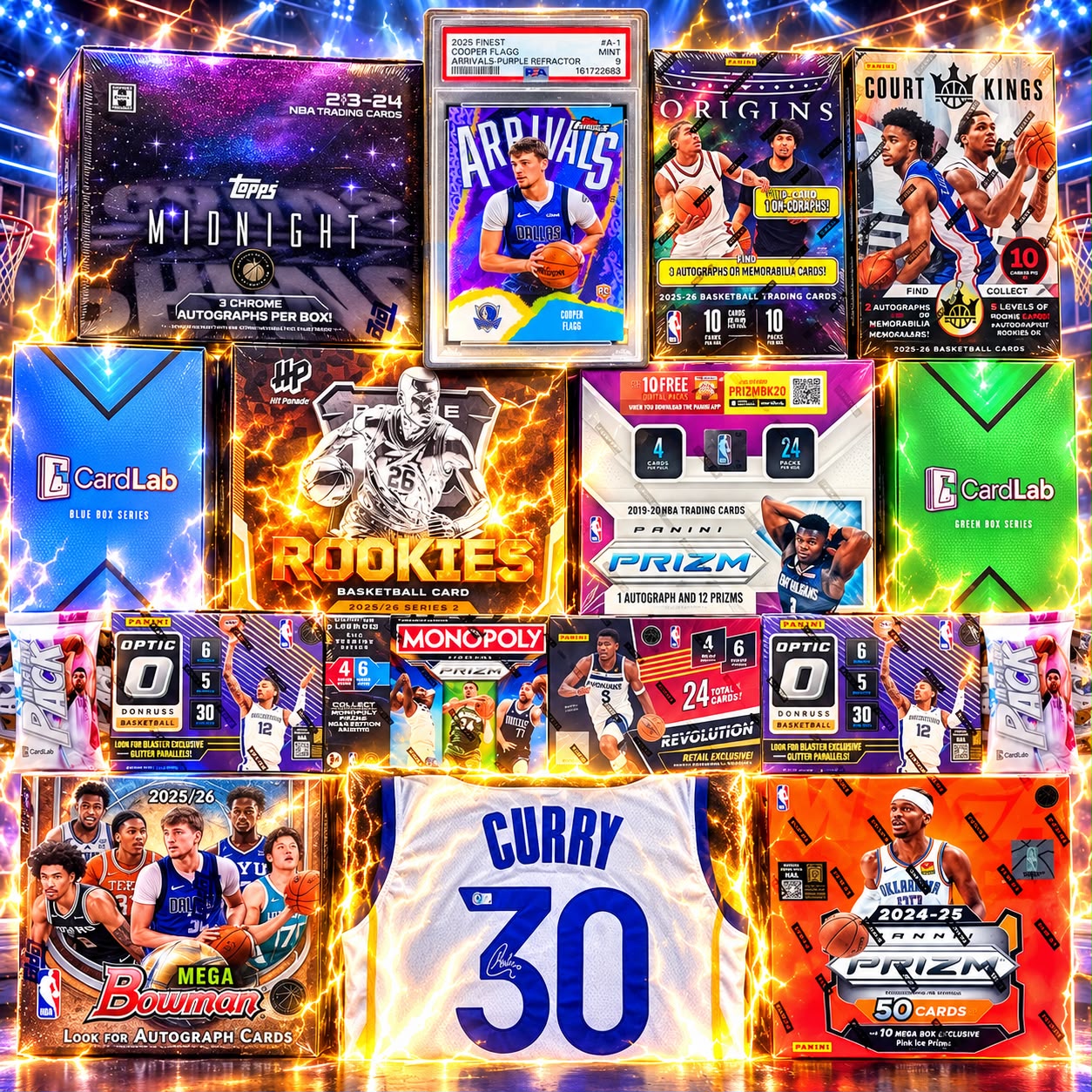 BREAKING TODAY!! PAST MEETS FUTURE - THE COOPER CURRY CONNECTION STEPH SIGNED JERSEY & FLAGG FINEST RC /125 PSA GUARANTEED!! CHASING BOOKLETS, 2019 & WEMBY RC'S, KABOOMS & DOWNTOWNS - 30 SPOT RANDOM (7163)